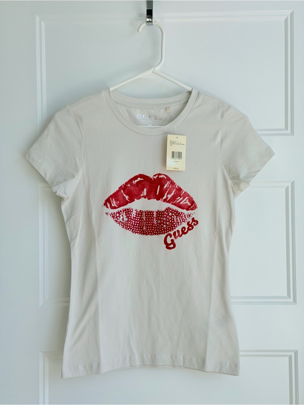 Guess White T-Shirt with Red Lip Print